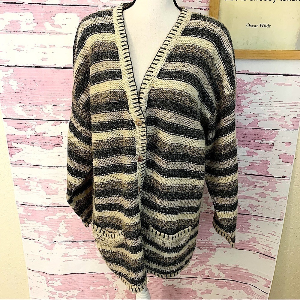 METROPOLITAN New York 10001 Striped Wool Blend long Sleeve Sweater Pockets Large